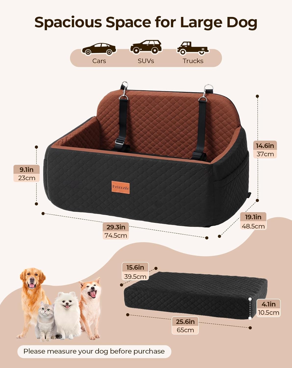 Dog Car Seat for Large Medium Dogs, Pet Car Seat Under 55 lbs or 2 Puppies, Removable Washable Pets Travel Booster Bed for Automotive Backseat with Comfy Thick Cushion, 2 Safety Leashes(Black/Brown)