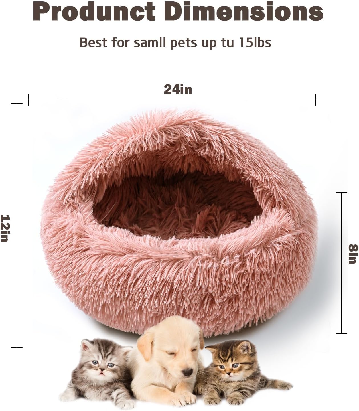 Cat Bed for Indoor Cats, Calming Cozy Cave with Self-Warming Plush, Entire Bed Machine Washable & Anti-Slip Base, Breathable Pet Bed for Small Cats&Dogs All Seasons (Leather Pink, 24 * 24inch)