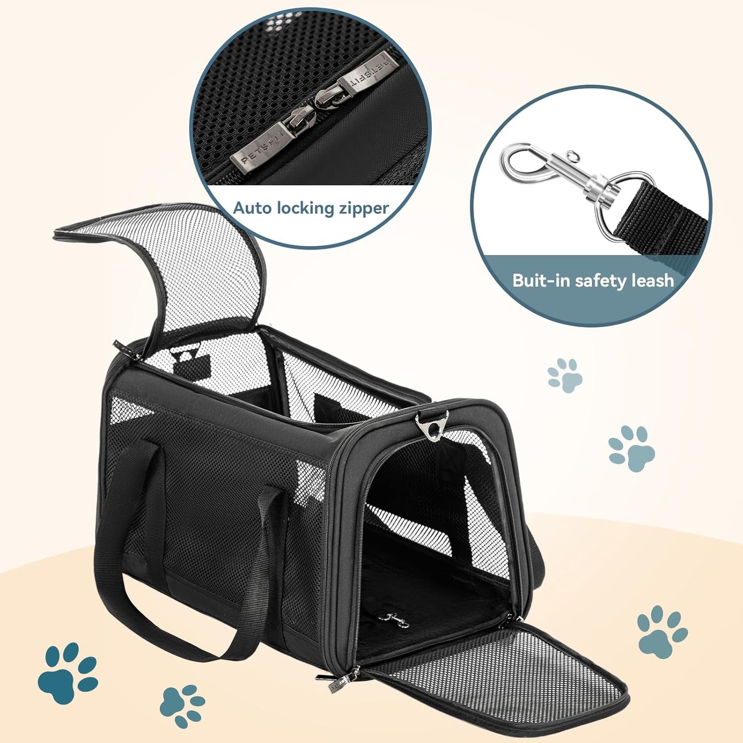 Petsfit Airline Approved Dog Carrier Cat Carrier, Soft-Sided Collapsible Pet Carrier for Travel, 3 Carrying Ways, Lightweight and Ventilation on 5 Sides, Escape Proof, with Soft Fleece Pad