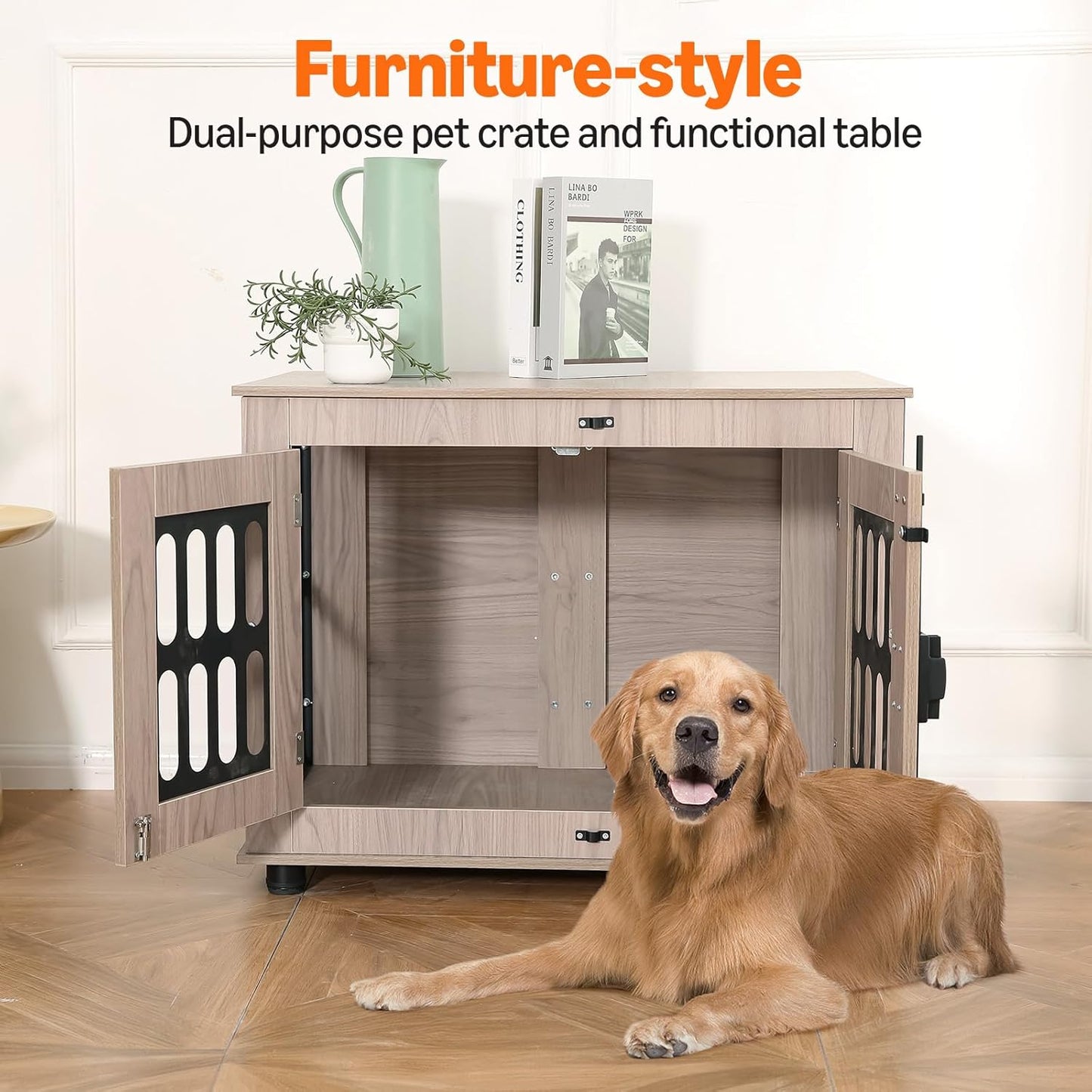 Amazon Basics Heavy Duty Dog Crate Furniture for Small to Medium Dogs, Wooden Decorative Dog Kennel Cage Indoor with Safety Lock, 38.5" L x 26.8" W x 25.6" H