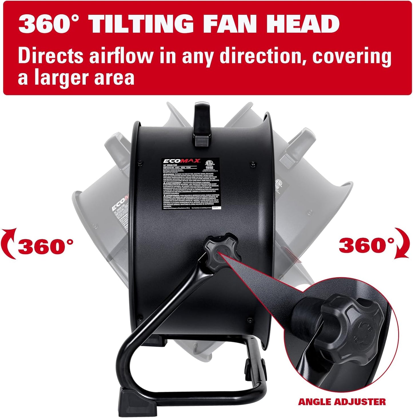 16 Inch High Velocity Industrial Fan Portable Heavy Duty Drum Metal Shop Fan with 3-Speed 360° Tilting, Floor Fans for Warehouse Workshop Garage, ETL Listed, EMF101618D