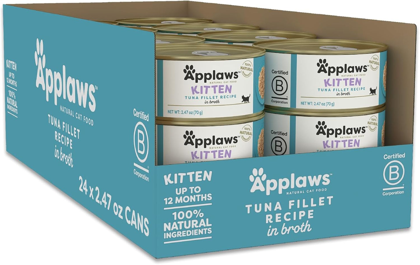 Applaws Natural Wet Kitten Food in Broth, Limited Ingredient Canned Wet Kitten Food, No Additives, Made with Natural Ingredients, Tuna Fillet in Broth (24 x 2.47oz Cans)