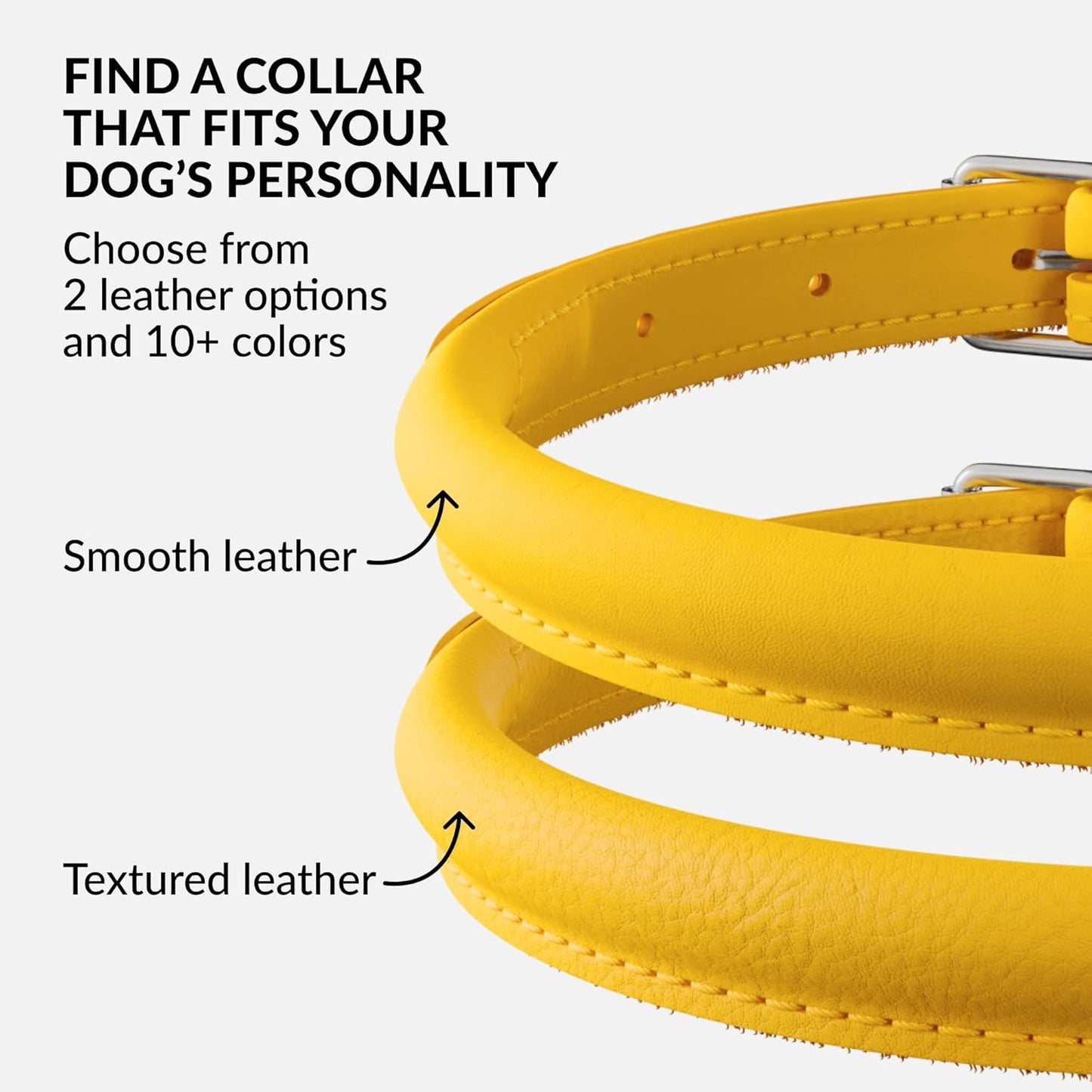 CollarDirect Rolled Leather Dog Collar, Soft Padded Round Puppy Collar, Handmade Genuine Leather Collar Dog Small Large Cat Collars 13 Colors (18-22 Inch, Yellow Smooth)