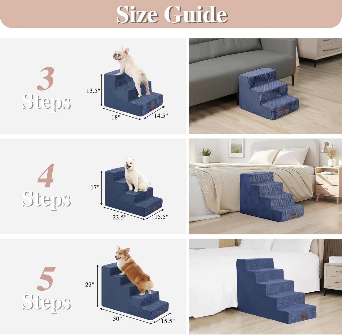GGIB Dog Stairs for Small Dogs and Cats - Non-Slip Steps for High Bed, Sofa, Couch - Pet Ramp with Removable Washable Cover, Navy, 22" H, 5-Step