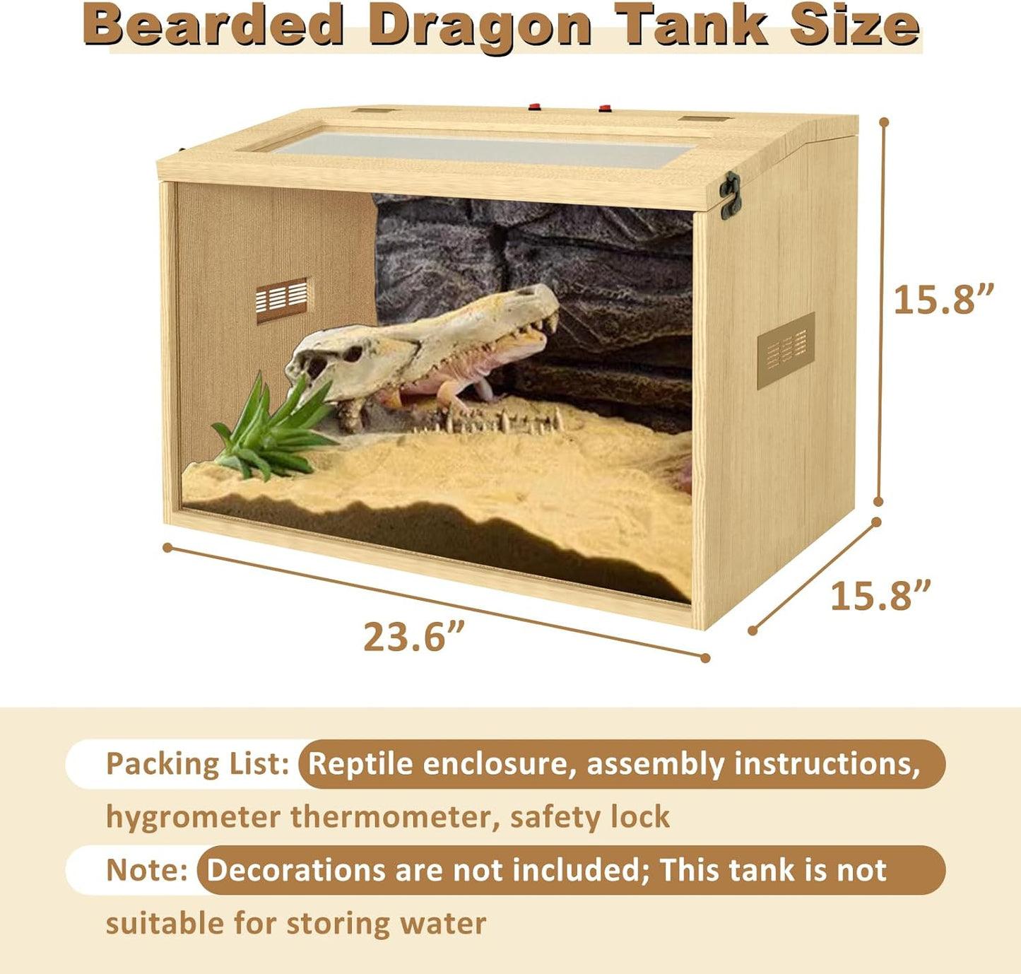 26 Gallon Bearded Dragon & Lizard Tank, Lockable Reptile Terrarium - Large Snake & Leopard Gecko Enclosure with Openable Roof Door (Wooden, 24" L x 16" W x 16" H)