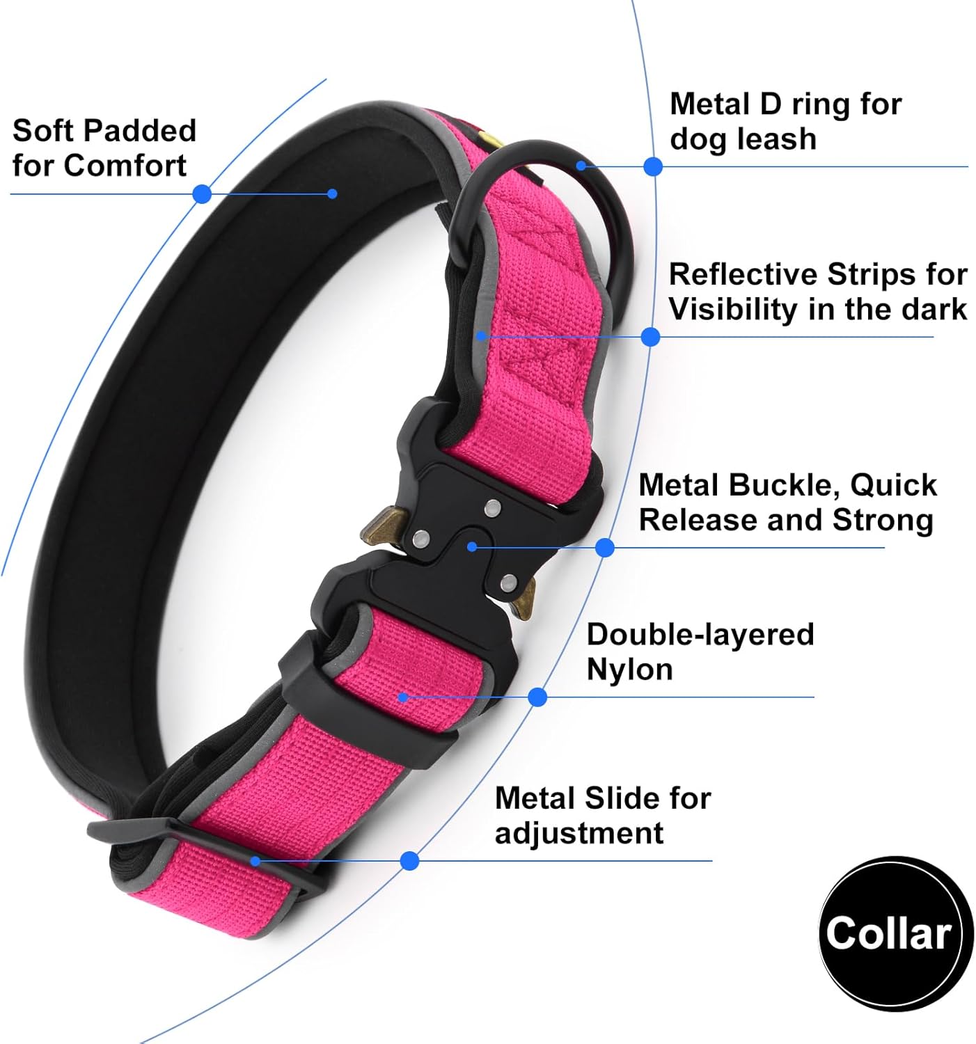 Plutus Pet Tactical Dog Collar, Reflective, Adjustable Heavy Duty Dog Collar, Soft Padded and Comfortable, for Small Medium and Large Dogs (Hot Pink, L)