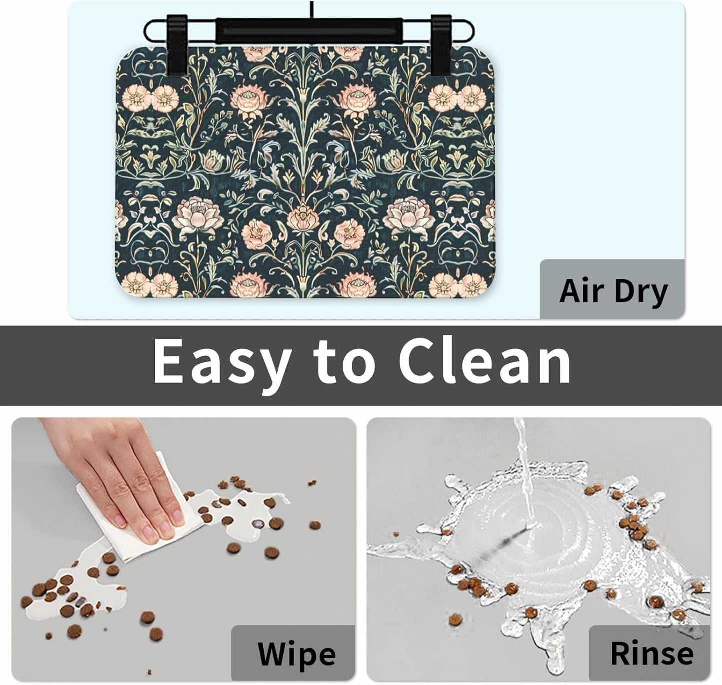 Pink Vintage Flower Dog Food Mat Absorbent Bowl Mats No Stains Quick Dry Waterproof Pet Cat Placemats for Food and Water, 30x45cm