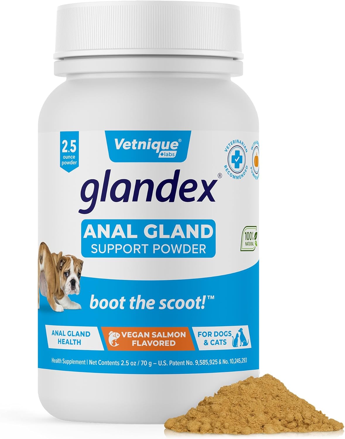 Vetnique Glandex Dog Fiber Supplement Powder for Anal Glands with Pumpkin, Digestive Enzymes & Dog Probiotics for Digestive Health - Vet Recommended - Boot The Scoot (Vegan Salmon, 2.5oz Powder)