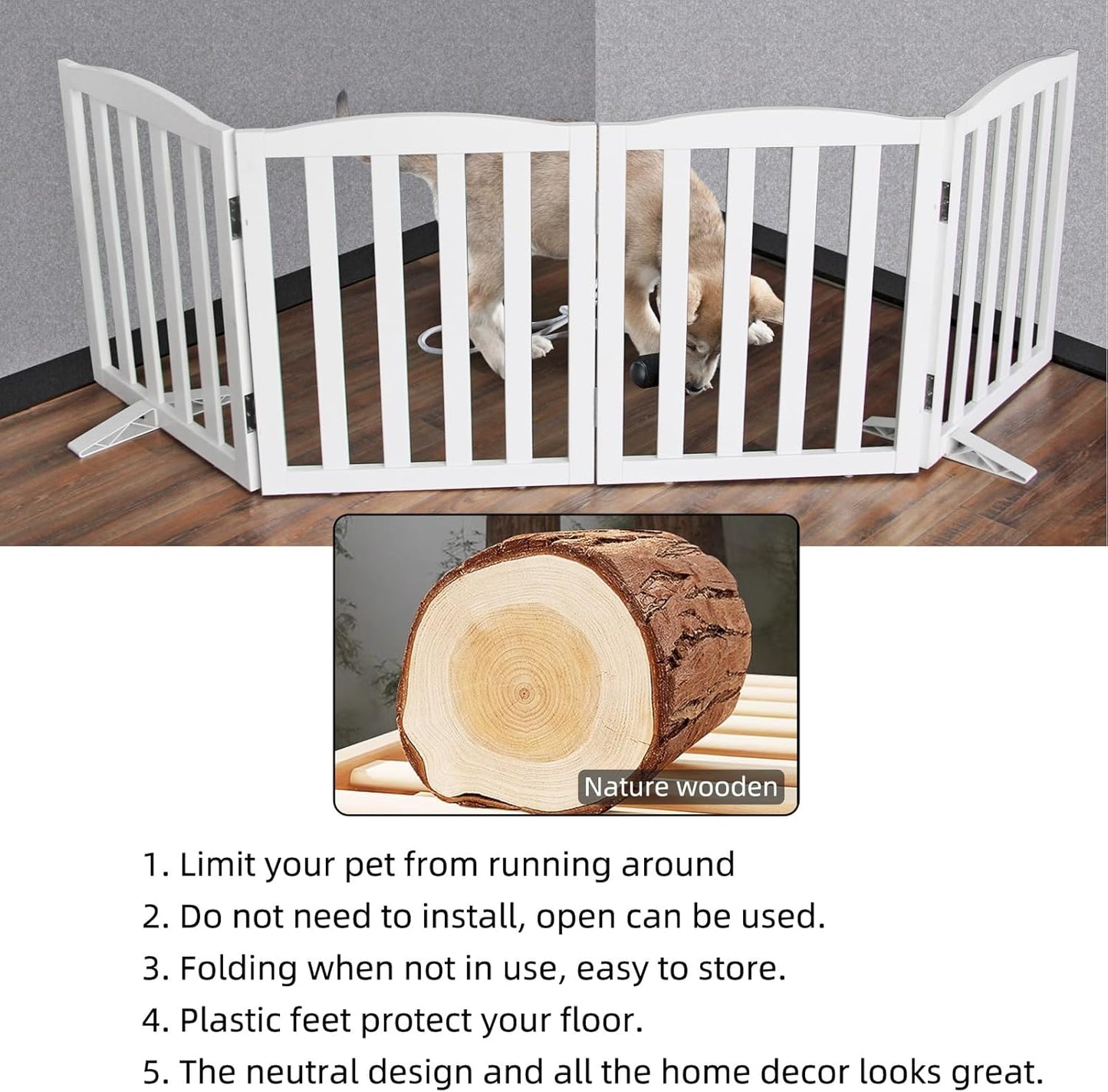ZJSF Foldable Freestanding Indoor Dog Gate for House Wood White Long Pet Gates Dog Fence for Stairs Puppy Gates for Hallways,Pet Fence, Puppy Gate,Support Feet Included 24 "Height-4 Panels