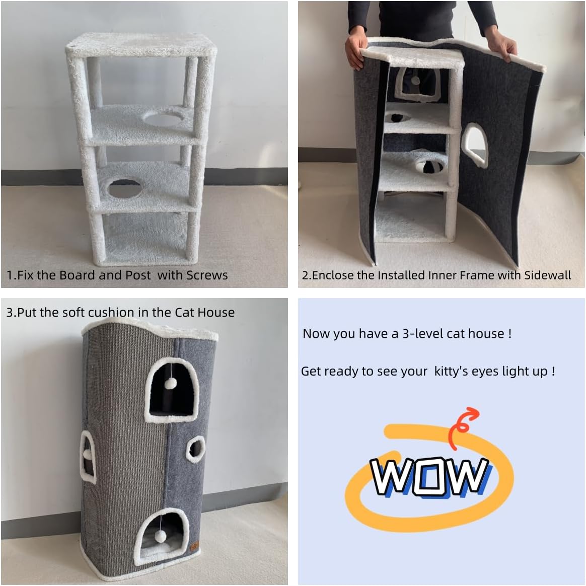 Cat House - Large Cat Cave with Fluffy Ball Hanging and Scratch Pad, Foldable 16.9x15x13 inches