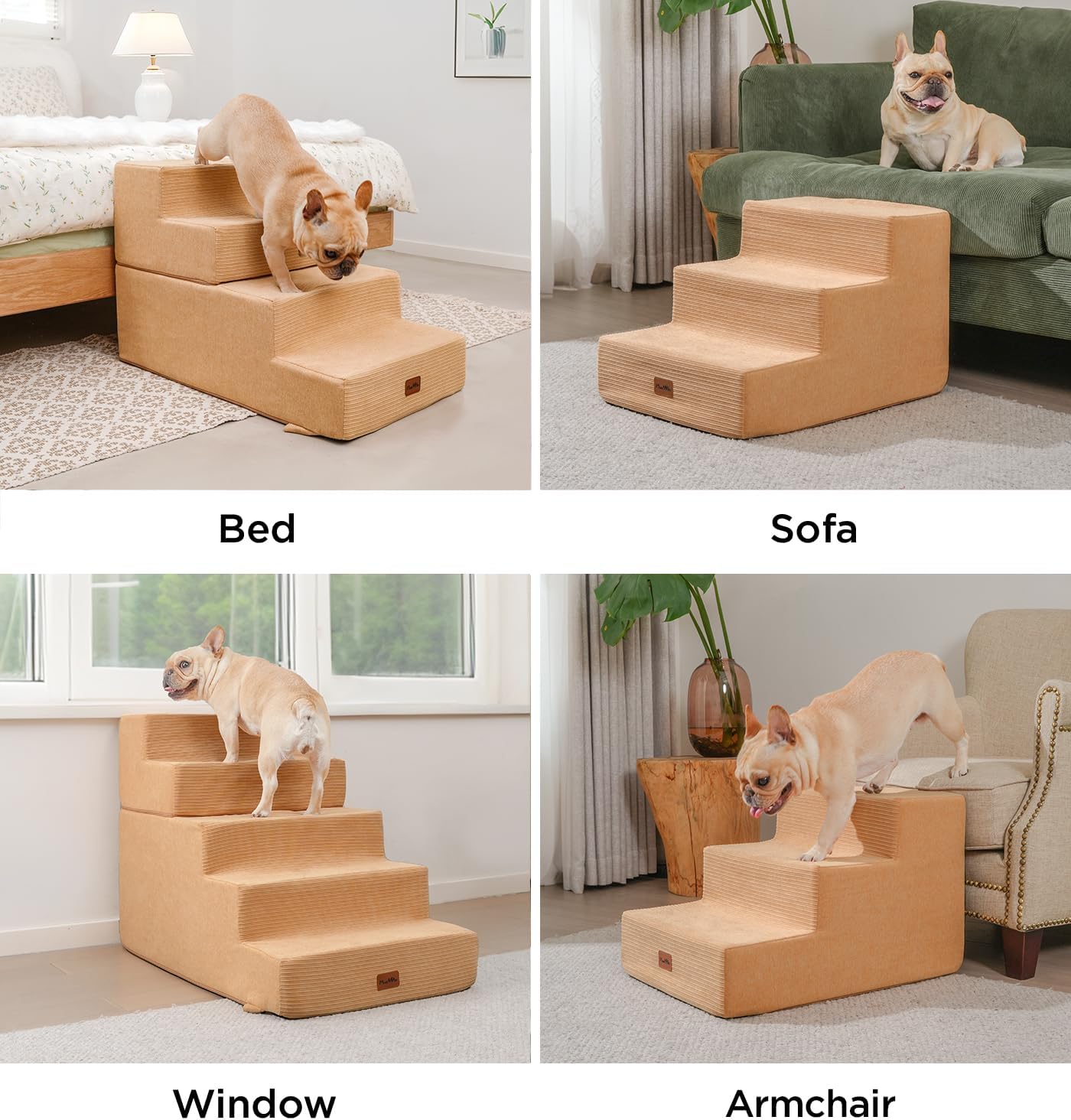 Made4Pets Dog Steps for Bed, Extra Wide Dog Stairs for High Bed Couch Sofa, 35D Foam Pet Steps for Small Dogs and Cats, Non-Slip Bottom Pet Stairs, Tan, 4 Steps