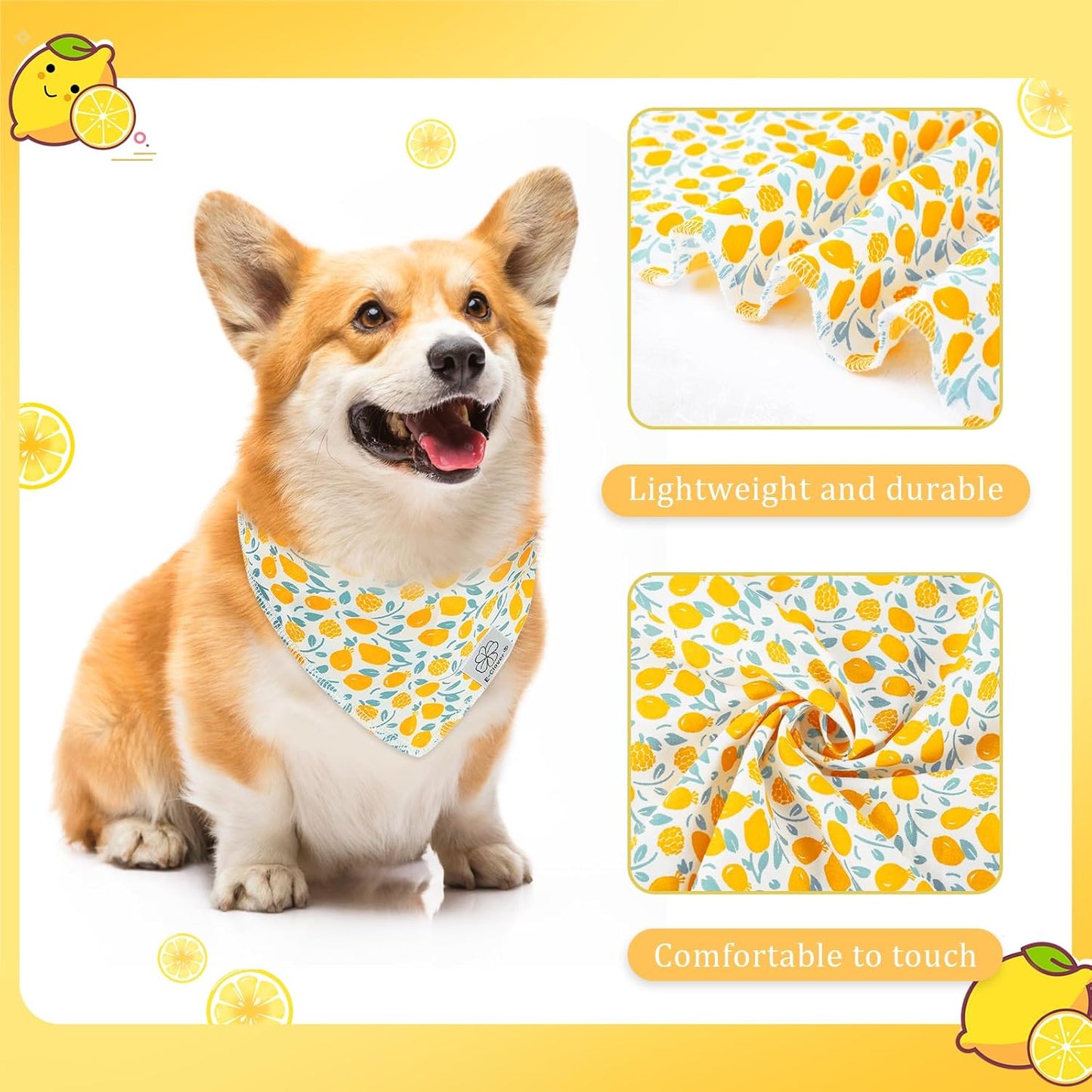 E-Clover Yellow Floral Dog Bandanas & Matching Scrunchie Set Summer Cute Dog Scarf Bibs Pet Bandana with Bow Tie for Small Dogs Puppy Owner Mom Spring