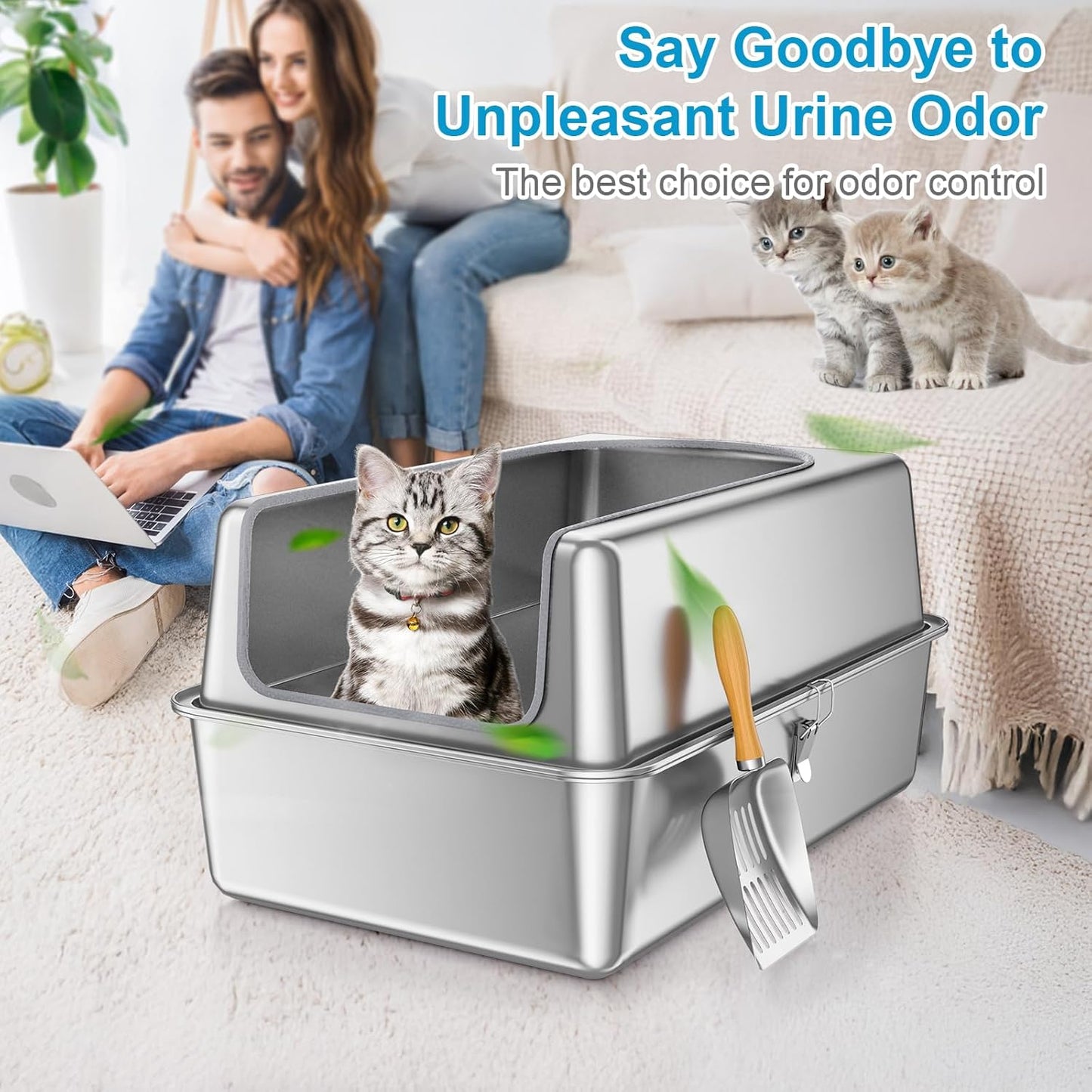 12'' High Sides XL All Stainless Steel Cat Litter Box with Lid,Deep Metal Litter Box for Big Cats,Extra Large Litter Boxes with High Wall Enclosure,Anti-Leakage,Never Absorbs Odors,Non-Sticky Surface