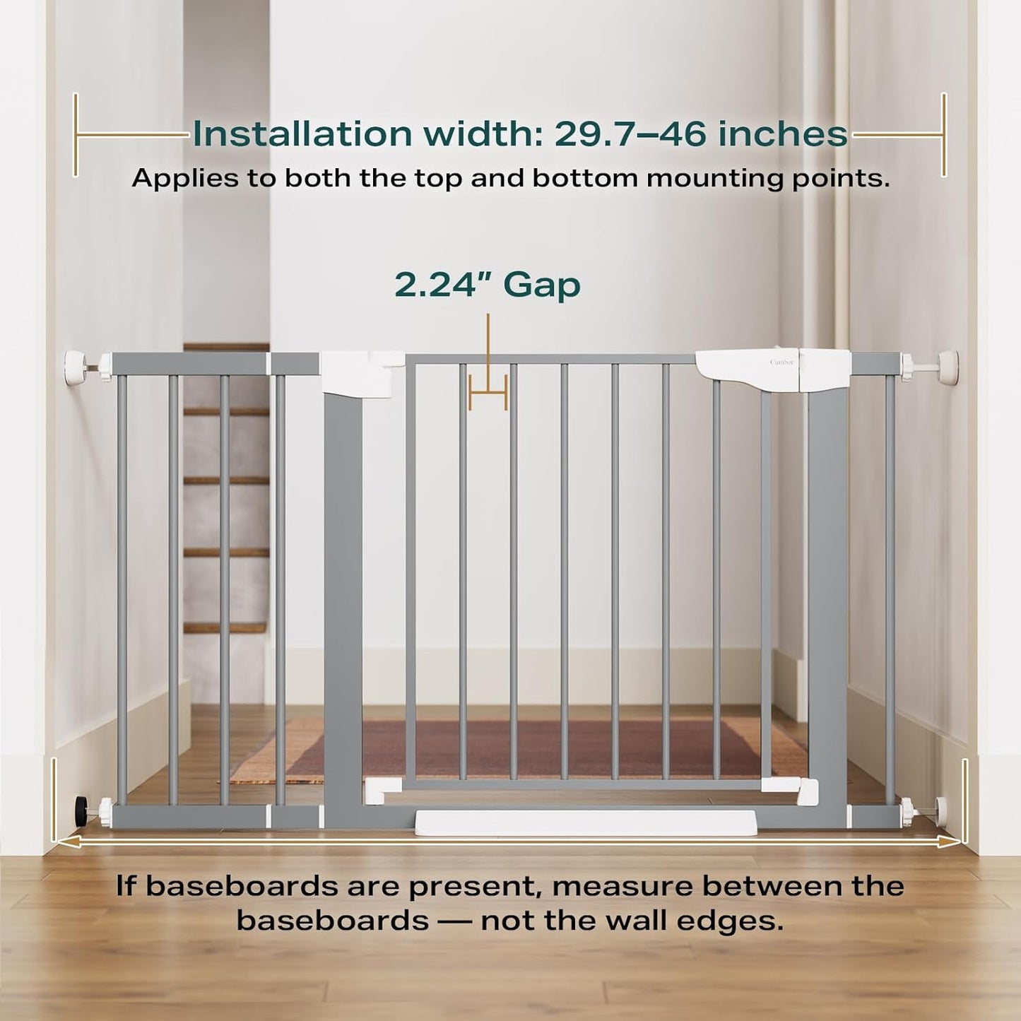 Cumbor 29.7-46" Baby Gate for Stairs, Gifts for Mom-Auto Close Dog Gate for The House, Easy Install Pressure Mounted Pet Gates for Doorways, Easy Walk Thru Wide Safety Gate for Dog, Gray