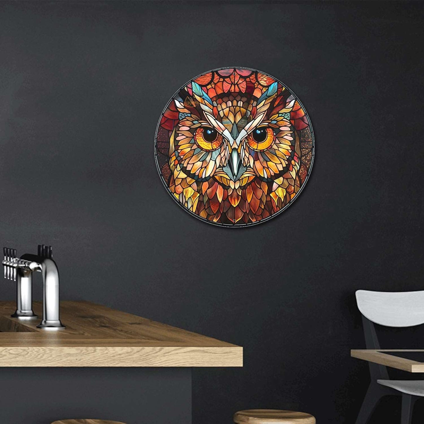 Lygond Metal Sign Tin Sign Circular Stained Glass Owl Metal Sign for Patio 8×8 Inches