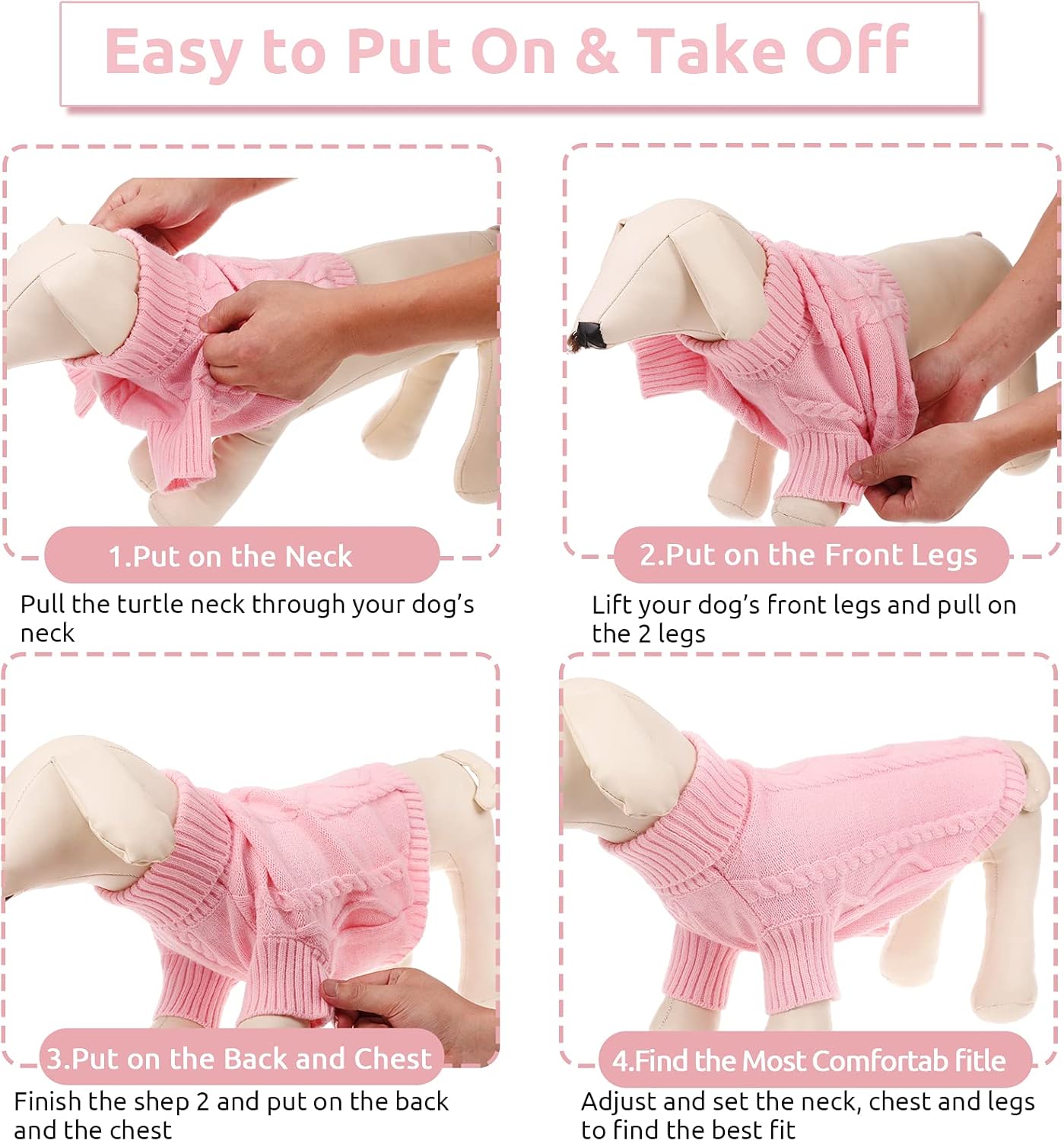 Queenmore Small Dog Pullover Sweater, Cold Weather Cable Knitwear, Classic Turtleneck Thick Warm Clothes for Chihuahua, Bulldog, Dachshund, Pug, Yorkie (Pink, Small)