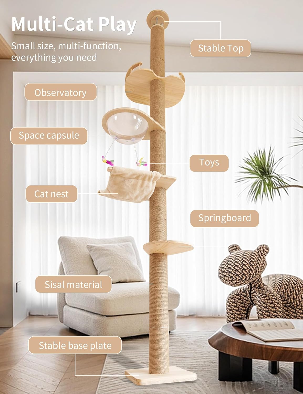 Floor-to-Ceiling Cat Tree with Natural Sisal Rope Scratching Post - Adjustable Height (55-119 Inches) - Modern Cat Activity Tree, Cat Scratcher Post