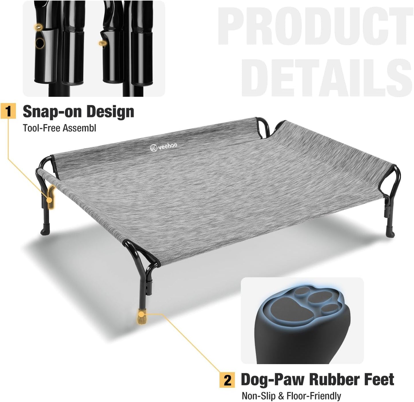 Veehoo Cooling Elevated Dog Bed, Raised Pet Cot with Guardrail & Slope Headrest, Durable Breathable Teslin Mesh, Non-Slip Feet, Washable Dog Couch Bed for Indoor & Outdoor, 39.5" x 28", Black Silver