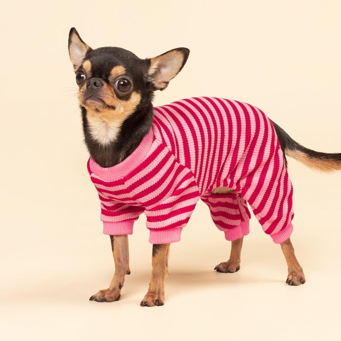 Fitwarm Pink and Red Striped Dog Pajamas, Waffle Dog Clothes for Small Dogs Girl Boy, Puppy Onesie with Feet, Pet Cat Outfit, Large