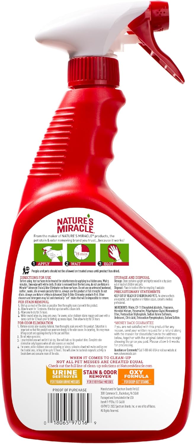 Nature’s Miracle Advanced Stain and Odor Eliminator Dog Spray, Fresh Scent, Severe Mess Enzymatic Formula For Tough Pet Messes, 32 Ounces