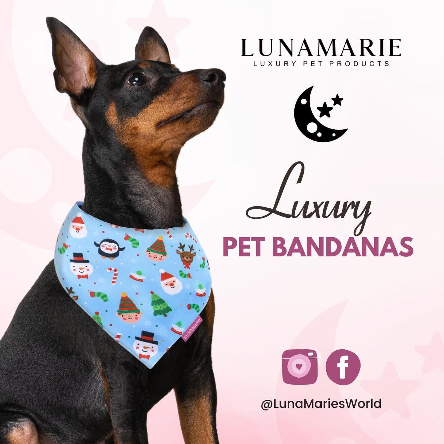 LunaMarie - Luxury Pet Birthday Bandanas -Premium & Silky Poly Fabric | 100% Handmade | Custom Shape Dual Layered (Santa's North Pole, Large)