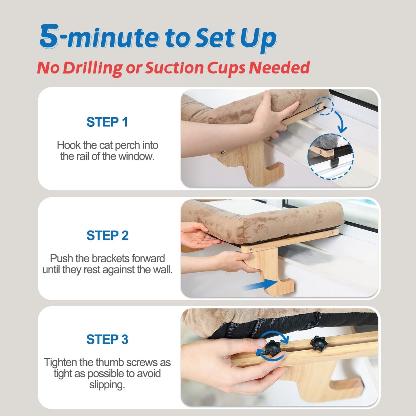 Cat Perch for Window Sill with Bolster - Orthopedic Hammock Design with Premium Hardwood & Robust Metal Frame - Cat Window Seat for Large Cats and Kittens - Dark Stained Wood with Brown Bed