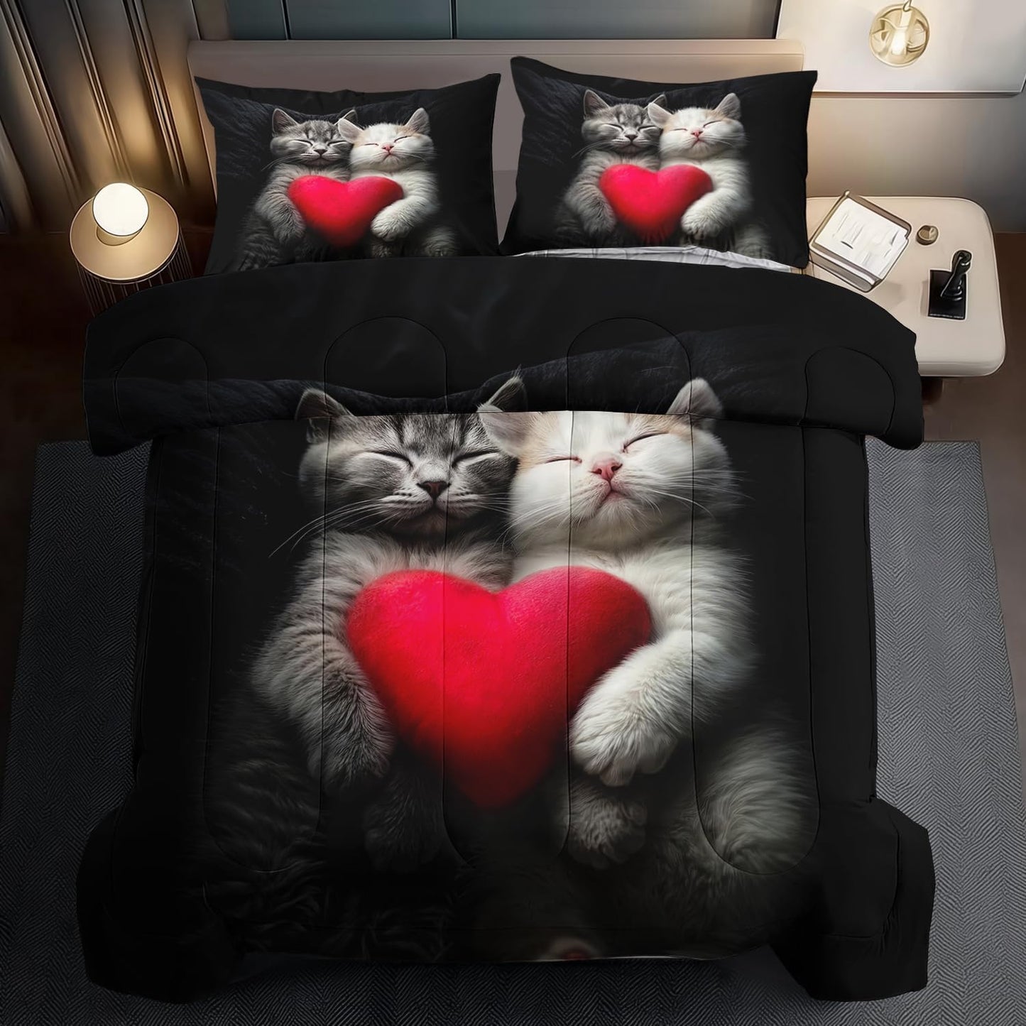 Cute Cat Comforter Set Twin,Kawaii Cat Bedding Set for Girls,Cute Animal Comforter Red Love Heart Bedding Decor,Kawaii Farm Animal Quilt Patterns Kids and Adults