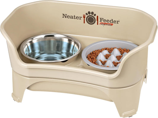 Neater Feeder Express Mess Proof Dog Bowls Elevated for Medium and Large Breed – Made in USA – No Spill Raised Slow Feeder Elevated Dog Bowl Stand, Slow Feed Food and Water Bowl Set, Almond