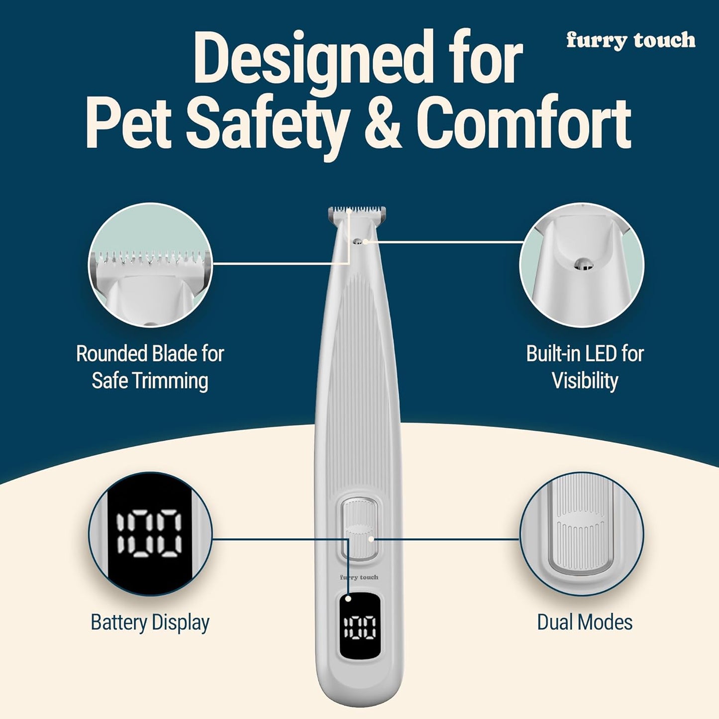 Dog Paw Trimmer - Electric Cordless Pet Clippers for Dogs & Cats - Quiet Dual-Speed Groomer with Pet-Safe Blade for Feet, Ears, Face - USB-C Rechargeable - with Travel Bag, Comb & Brush