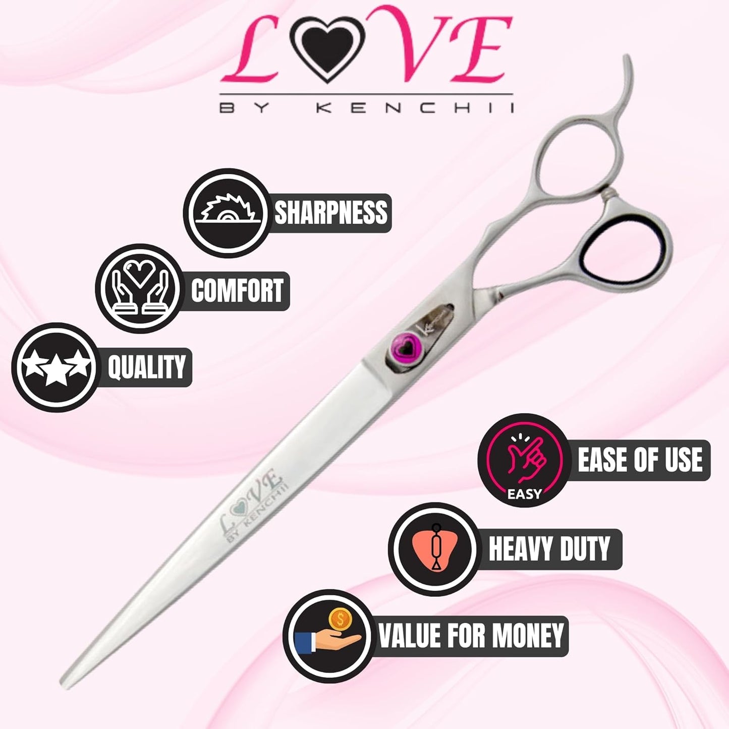 Kenchii Love Dog Grooming Scissors, 9 Inch Straight Shears, Dog Scissors for Grooming, Professional Pet Grooming Scissors, Heavy Duty, Durable and Sharp