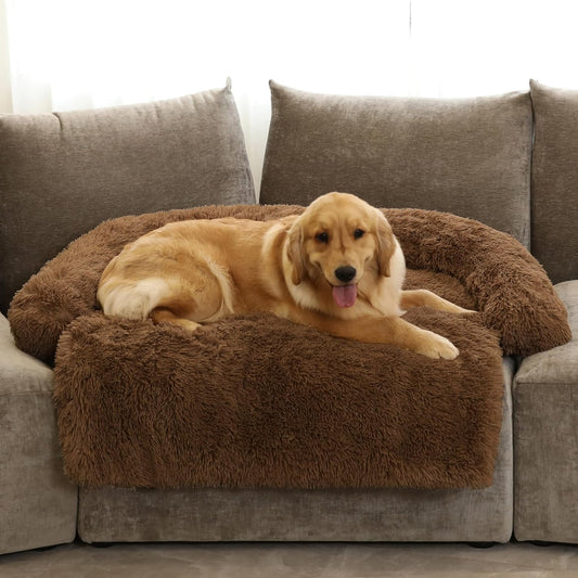 GGIB Calming Dog Bed Fluffy Plush Dog Mat for Furniture Protector with Removable Washable Cover for Large Medium Small Dogs and Cats (Extra Large (53x39.3x6), Brown)