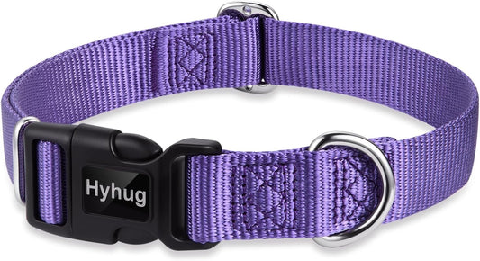 Hyhug Pets Solid Color Classic Regular Soft Nylon Basic Collar for Medium Breeds Dogs, Unique Design Adjustment Triglide Slide (Buckle) Can Attached Name Tag Accessories. (Medium, Ultra Violet)