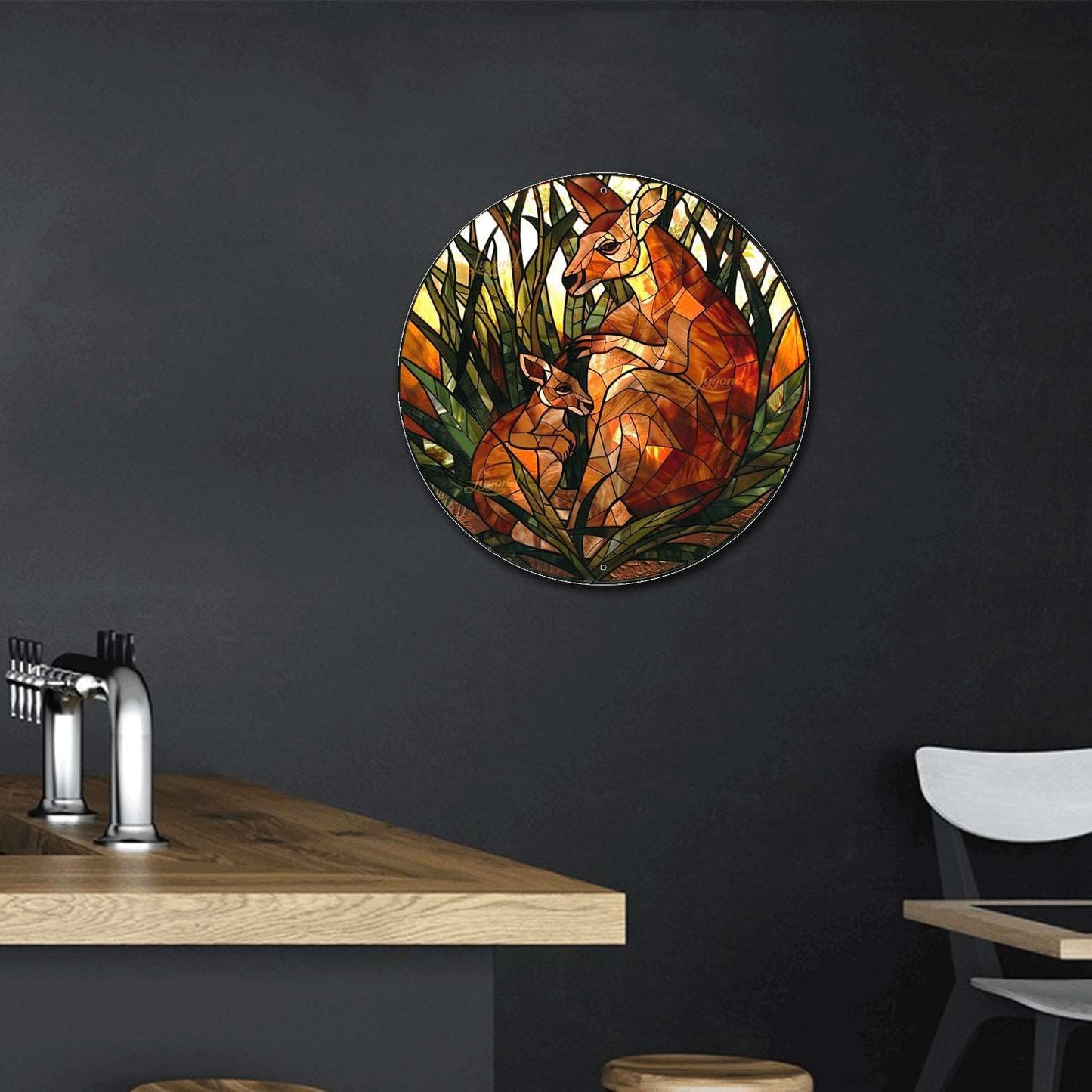 Lygond Metal Sign Tin Sign Circular Stained Glass Kangaroo Tin Signs For Garden For Bar 12×12 Inches