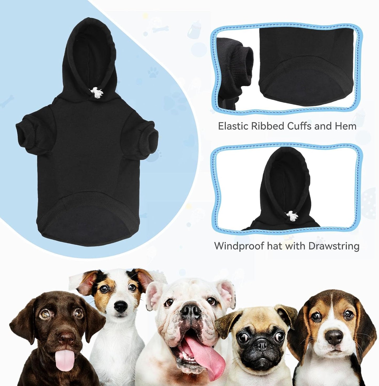 Dog Sweaters for Small Dogs Dog Hoodie Pet Sweater Soft Solid Brushed Fleece Pet Clothes Hoodie Sweatshirt with Pocket(Black-S)