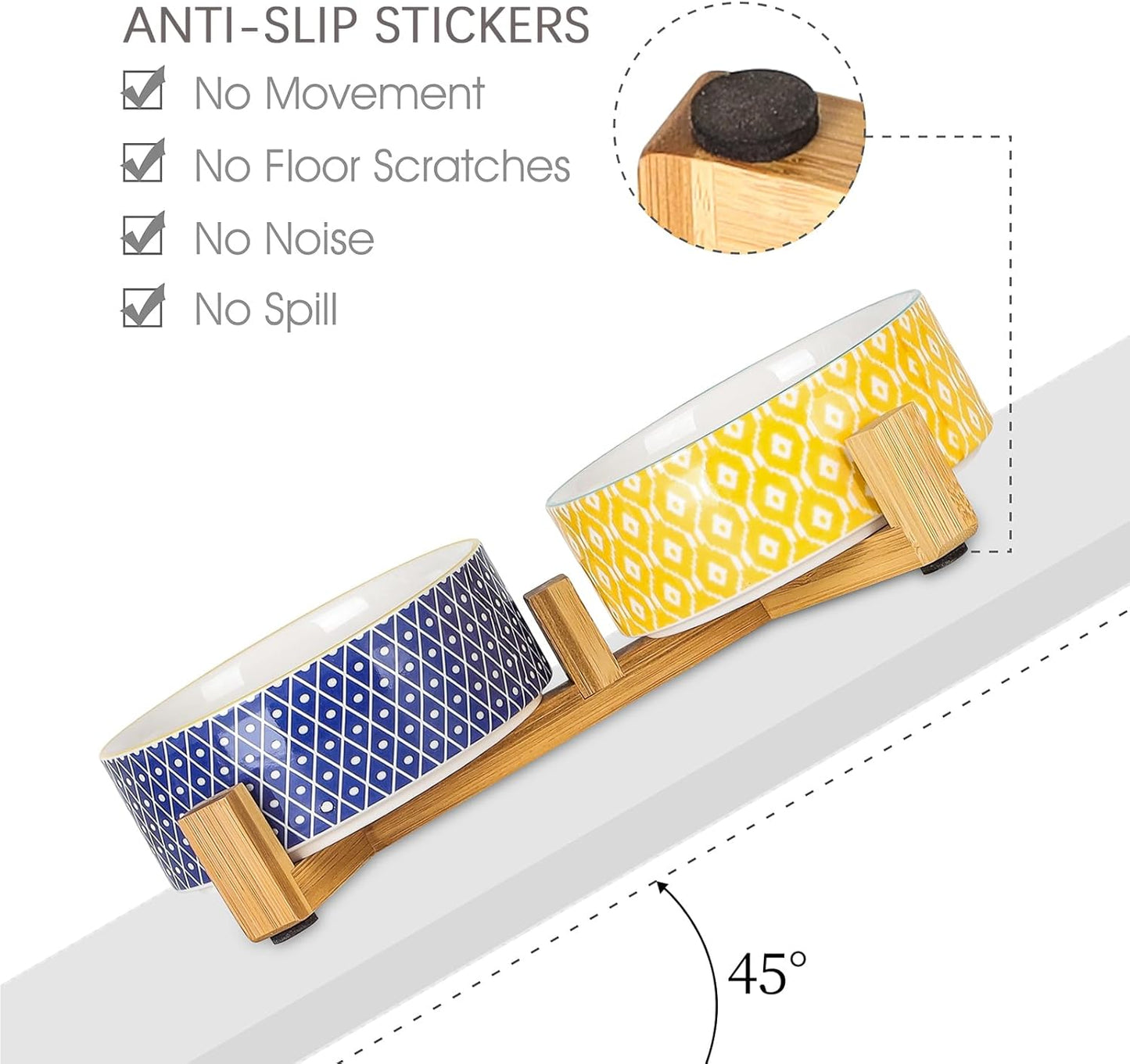 Selamica Ceramic 30 OZ Dog Bowls with Wooden Stand, Anti-Slip Dishes Set for Cats and Small Dogs, Weighted Bowls in Assorted Colors