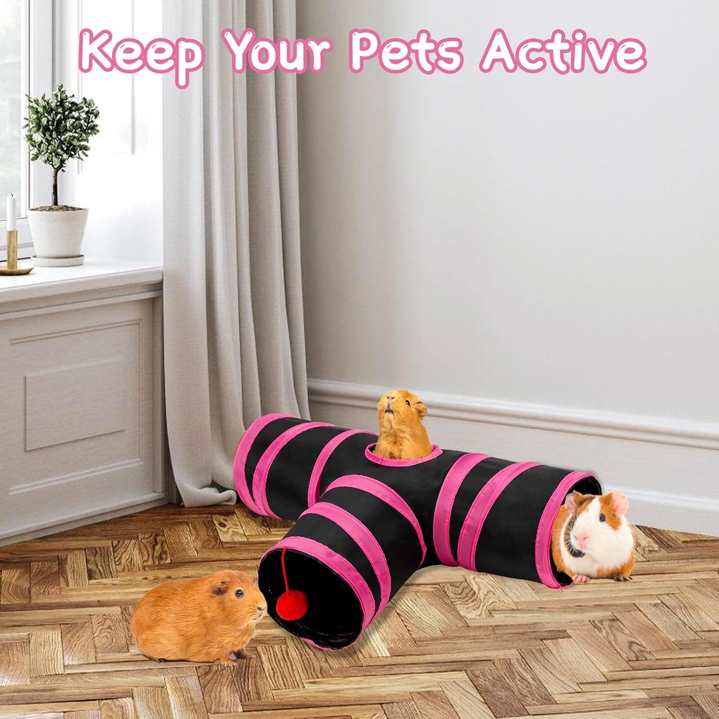 Rypet Guinea Pig Tunnel, 3 Way Collapsible Rabbit Tunnel, Small Pet Tunnels and Tubes with Interactive Ball for Rabbit Ferret Hamster Chinchilla Hedgehog Hiding and Resting