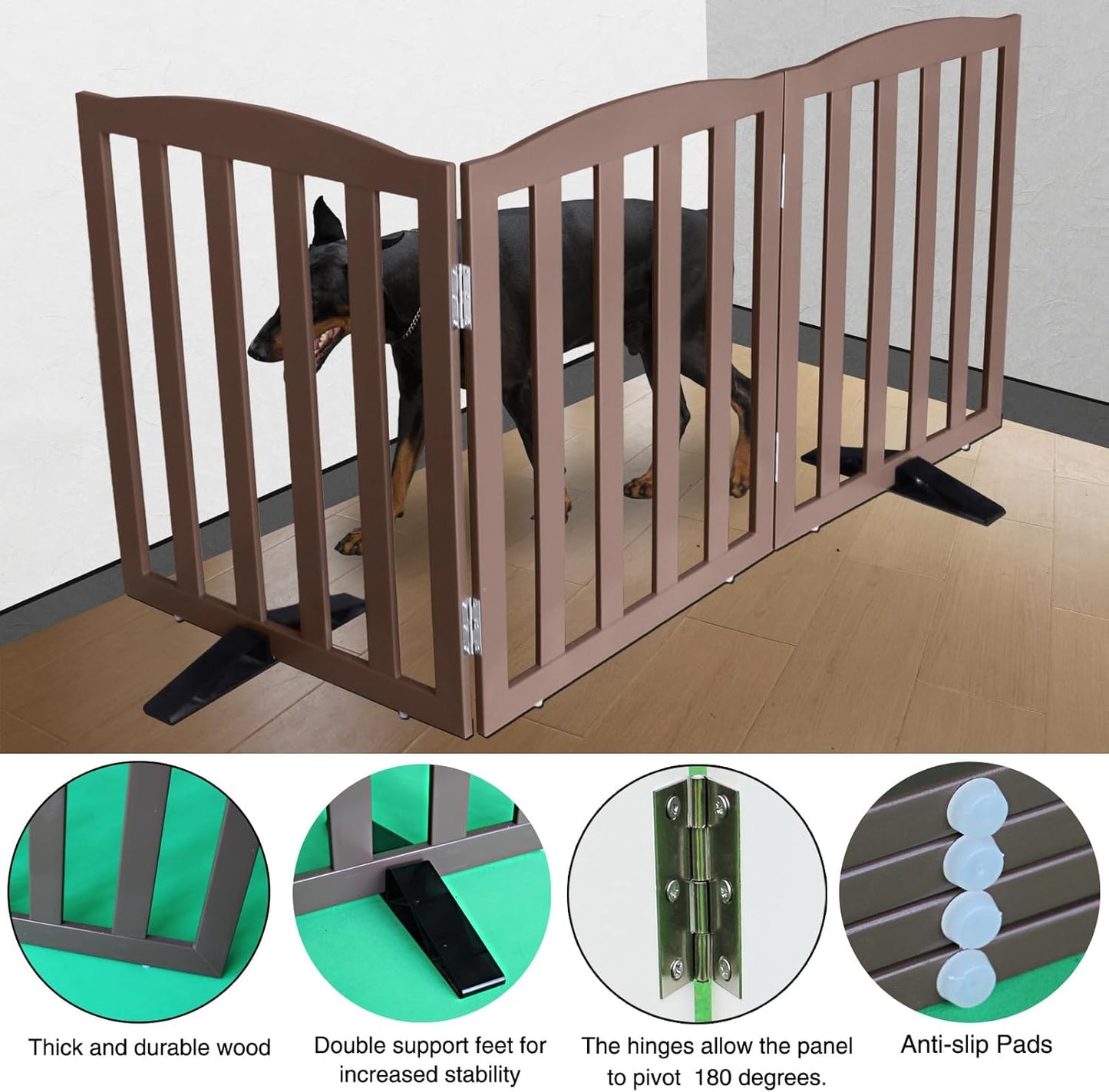 ZJSF Foldable Freestanding Indoor Dog Gate for House Wood Long Pet Gates Dog Fence for Stairs Puppy Gates for Hallways, Puppy Gate,Support Feet Included, Brown, 24 "Height-3 Panels