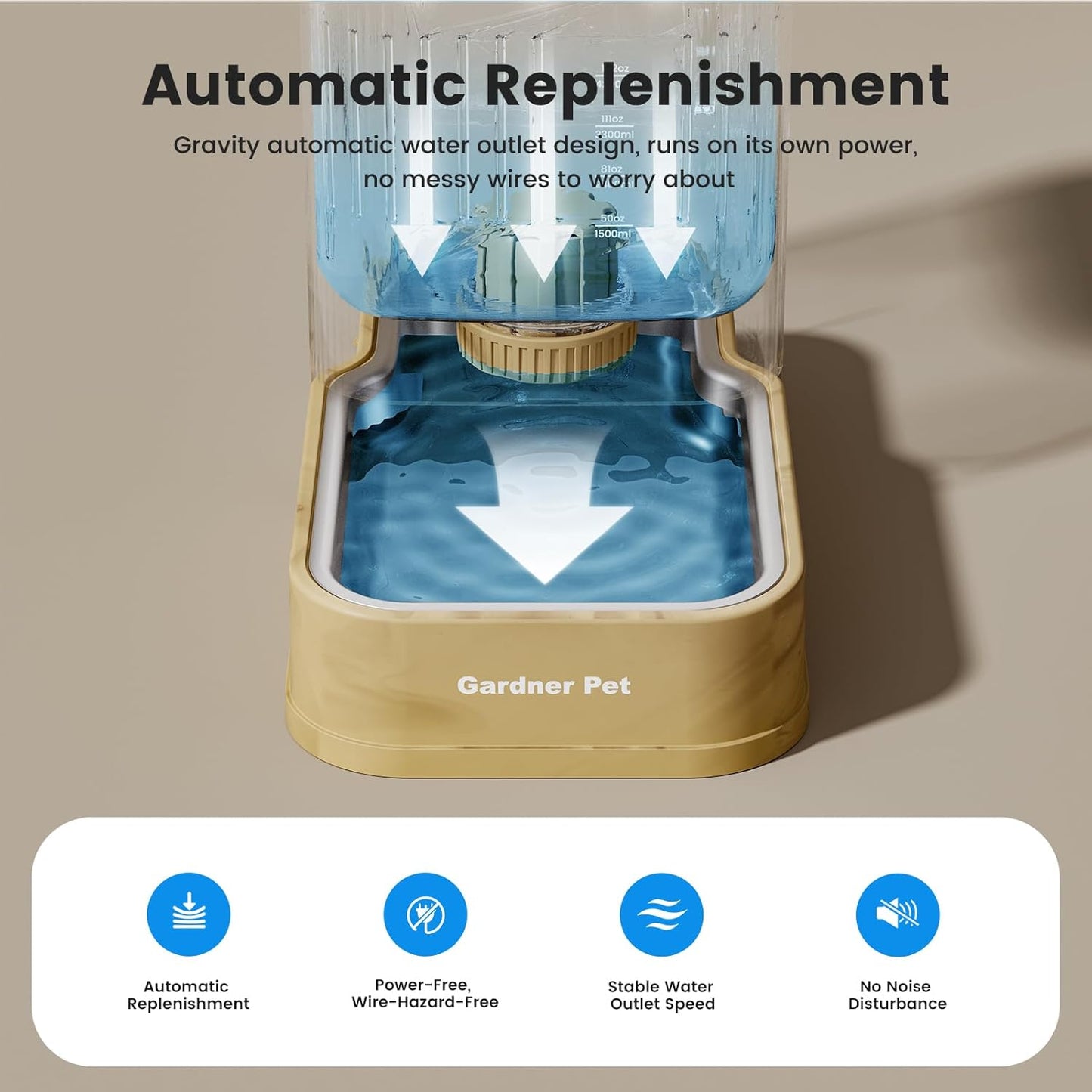 Gardner Pet Automatic Dog Water Dispenser Gravity Waterer with Stainless Steel Bowl Water Dispenser 8.5L Large Capacity Water Feeder for Dogs Cats Pets, BPA-Free Noise-Free (Light Brown, 8.5L)