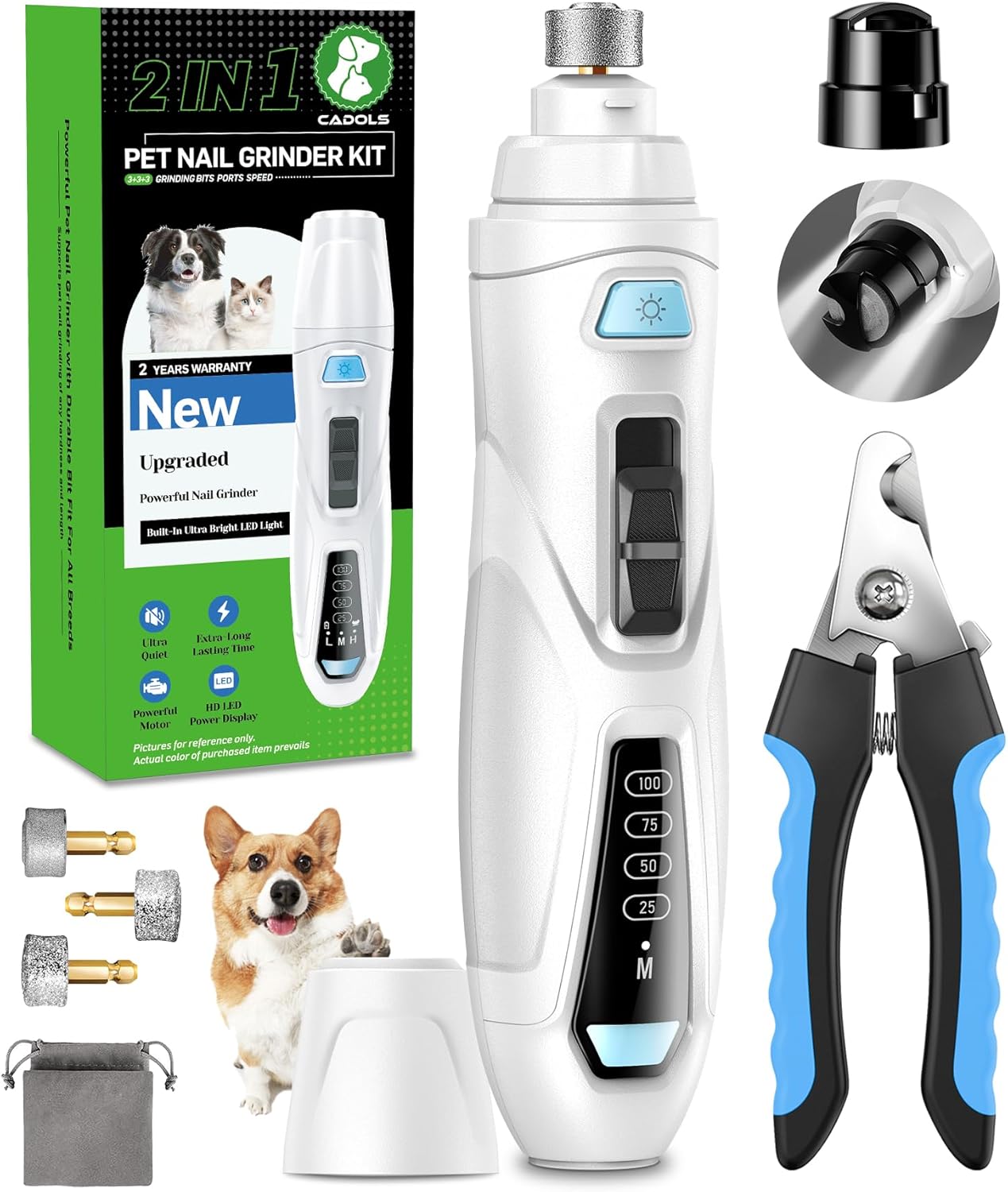 Dog Nail Grinder & Clipper 2-in-1 Set - 25dB Ultra Quiet with 3 Grinding Wheels & 2 LED Lights, Rechargeable for Large/Puppy Dogs & Cats, 3-Speed Adjustable for Anxious Pets