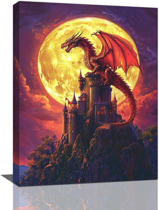 Dragon Bathroom Pictures Wall Art, Red Dragon Castle Bathroom Wall Decor, Framed Painting Canvas Artwork for Bedroom Living Room Decorations 24"L x 20"W