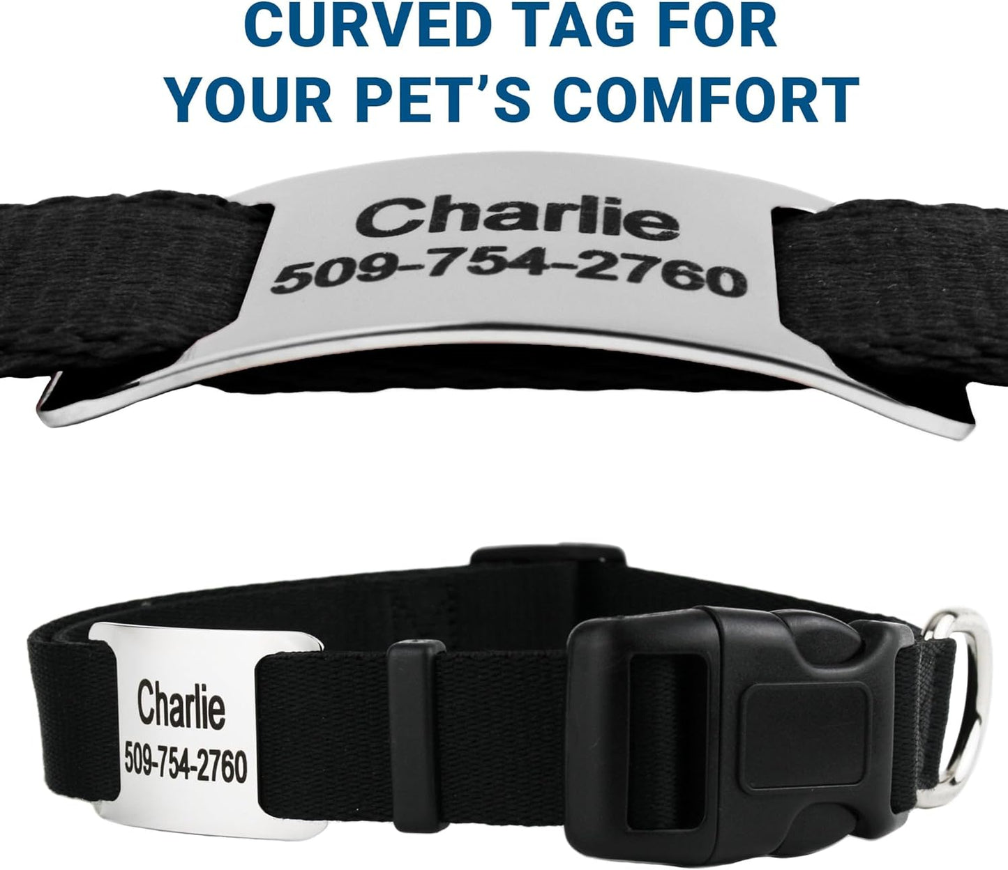 GoTags Personalized Dog Collar with Nameplate, Adjustable Dog Collar with Custom Engraved Slide On Pet ID Tag in Stainless Steel, Silent, No Noise Dog Tag (Charcoal, X-Small)