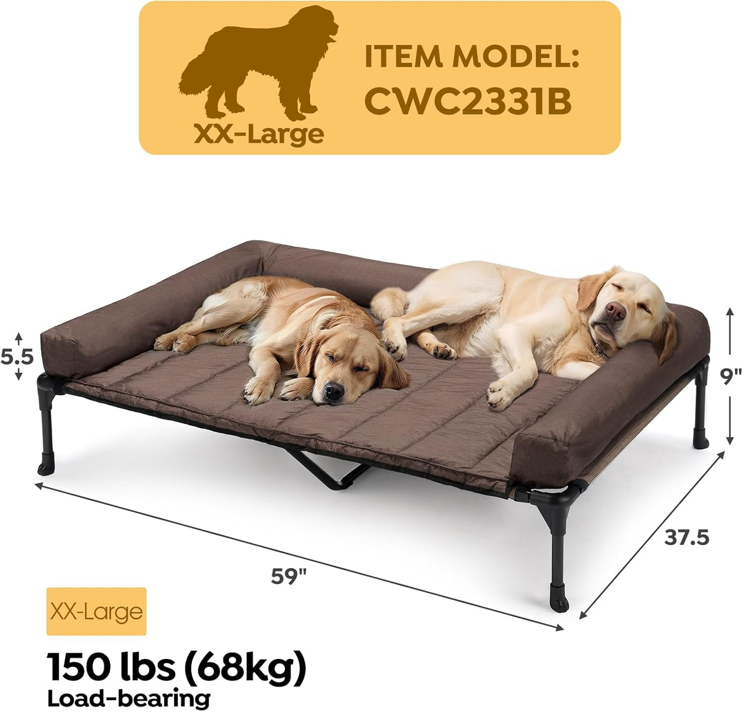 Veehoo Cooling Elevated Dog Bed Add Removable Waterproof Bolster Cushion Mat, Raised Pet Cot with Breathable Teslin Mesh, No-Slip Feet, Dog Sofa Bed for Indoor Outdoor, XXLarge, Brown CWC2331B