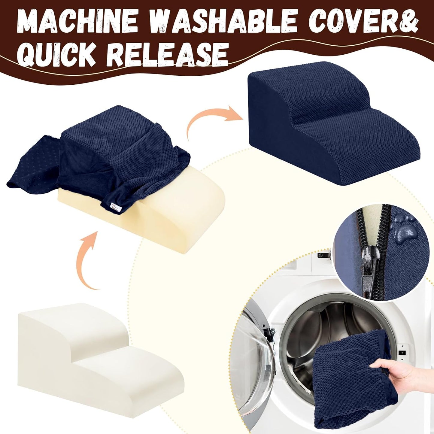 Dog Stairs for Small Dogs - High Density Foam Pet Steps, Extra Wide Dog Ramp with Non-Slip Bottom for High Beds, Couch and Sofa, Best for Dogs Injured, Older Doggy Cats,2 Steps, Navy