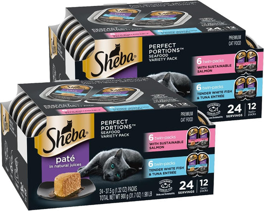 Sheba Perfect Portions Wet Cat Food Pate with Sustainable Salmon and Tender Whitefish & Tuna Entree Variety Pack, 2.6 oz. Twin-Pack Trays (12 Count, 24 Servings) (Pack of 2)