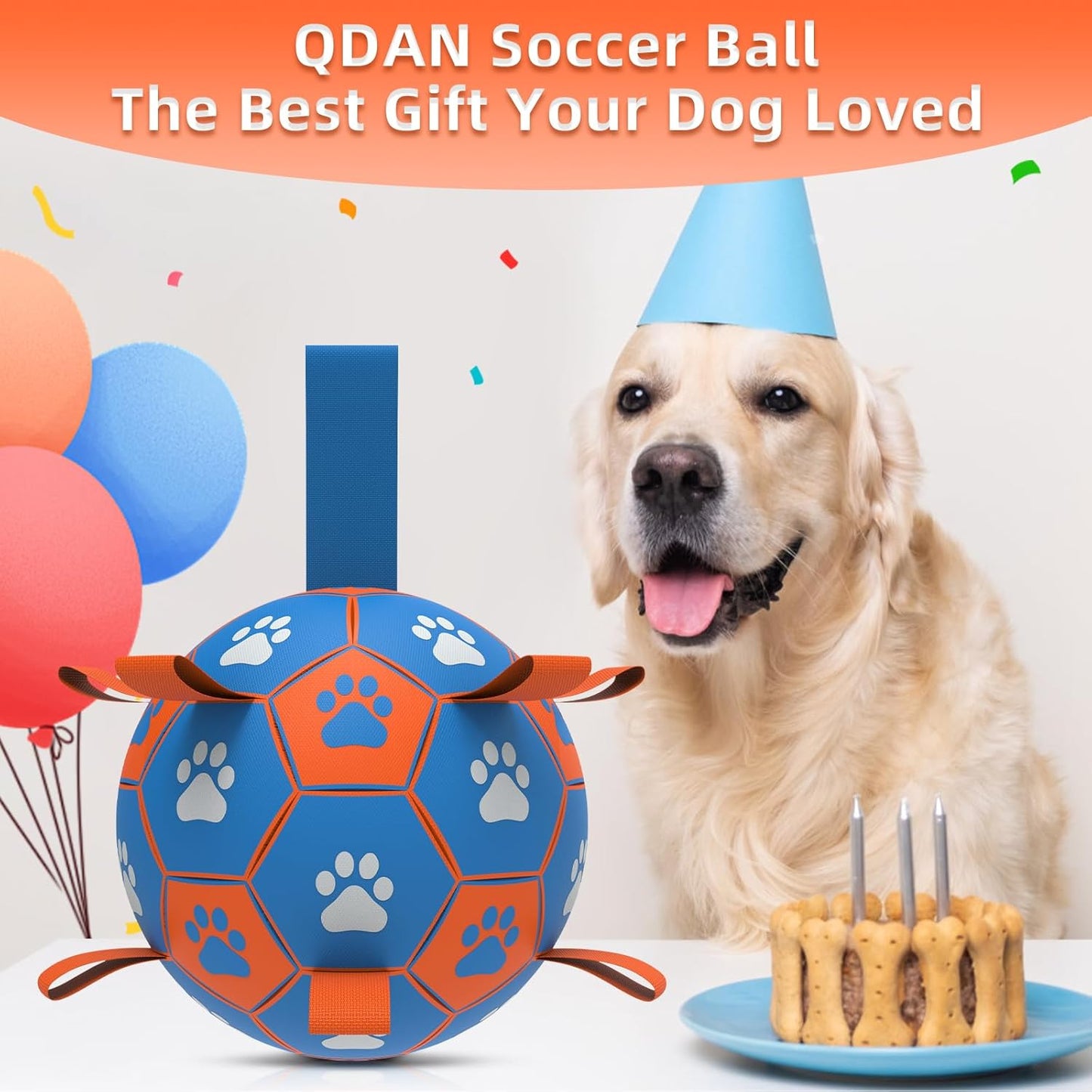 QDAN Dog Ropes Toys Soccer Ball with Straps, Puppy Birthday Gifts, Tug Toy, Durable Dog Balls for Medium & Large Dogs- Blue Orange(8 Inch)