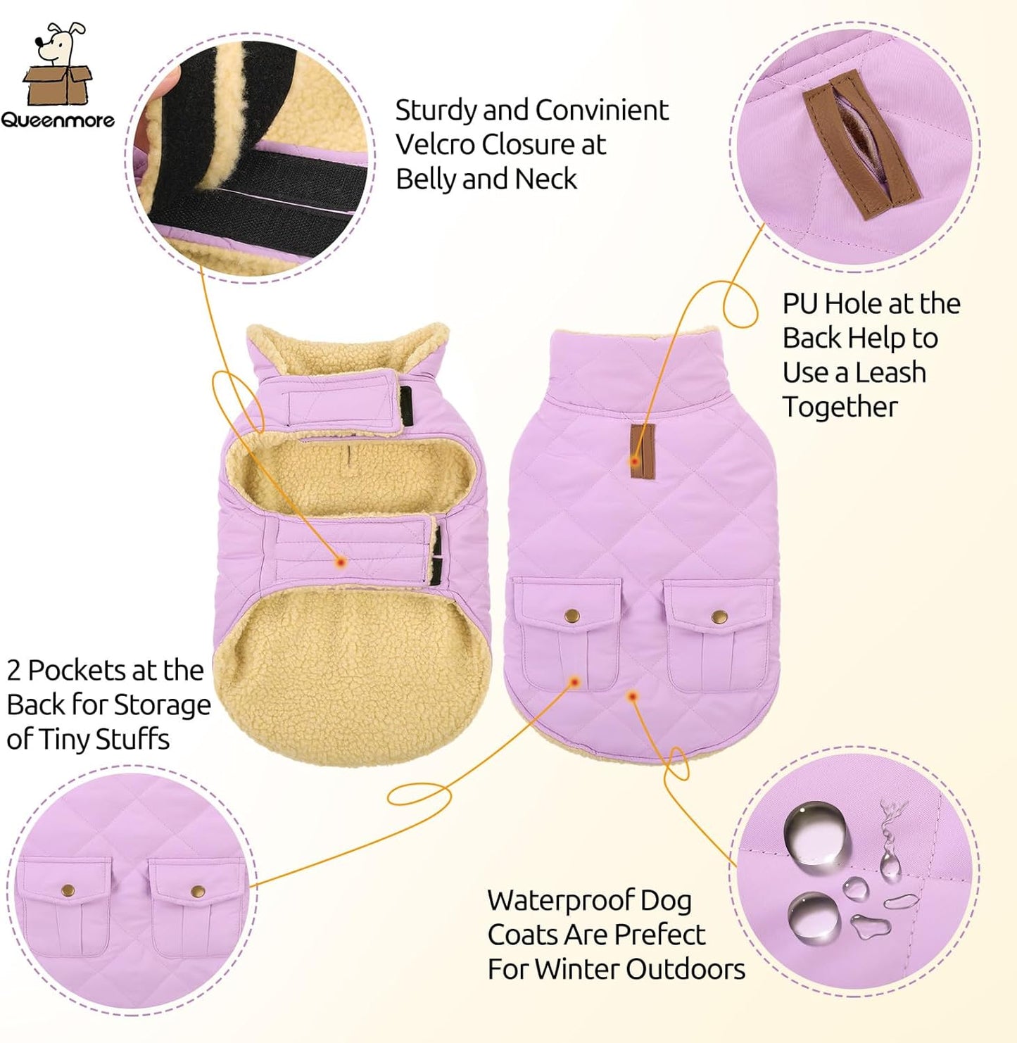 Queenmore Warm Dog Coat, Cold Weather Puffer Dog Coat Vest, Quilting Winter Pet Jacket Ultra Thick Plush Fleece Lining Pet Clothes for Dogs with Storage Pockets (Lilac, Small)