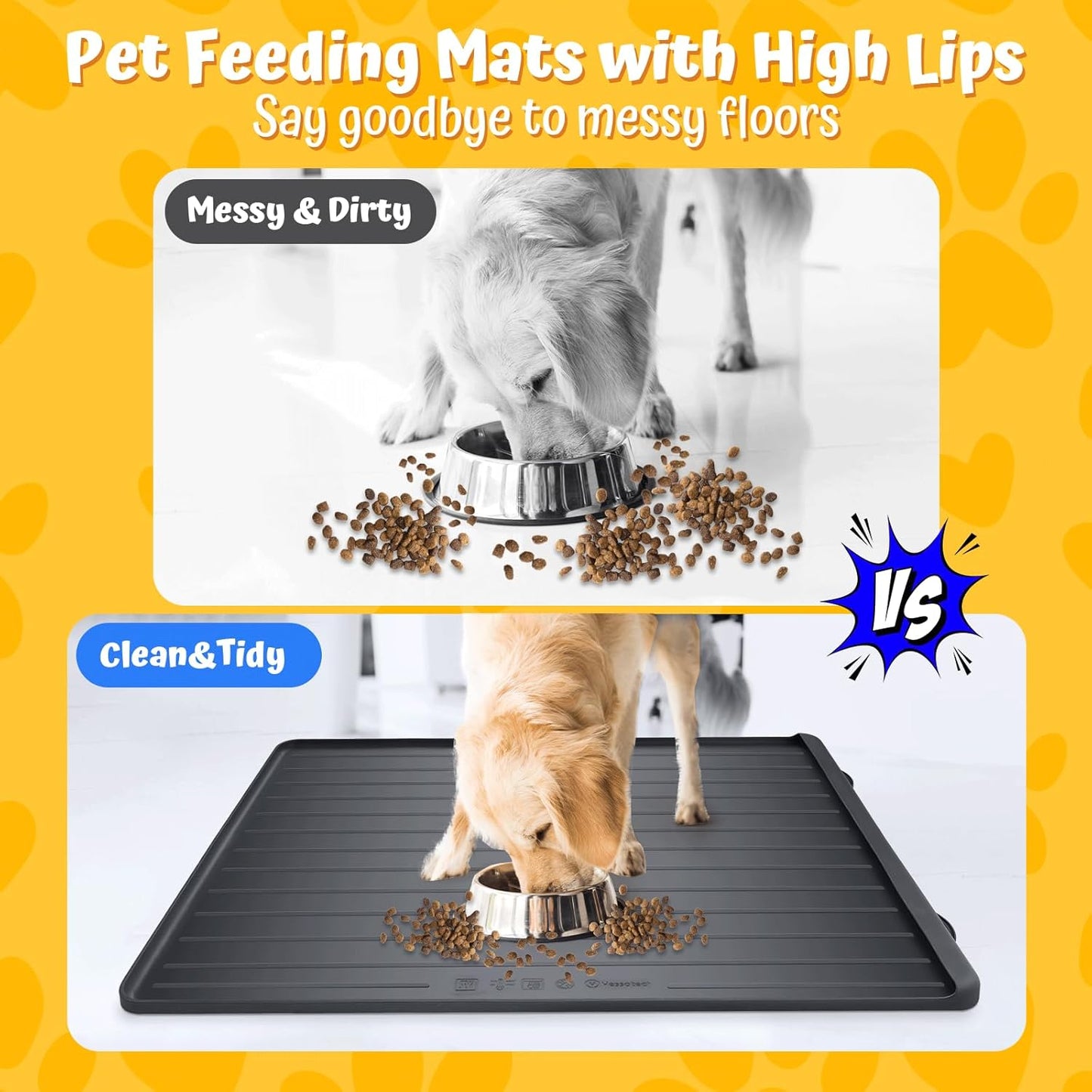 Dog Feeding Mat - 39''x27'' Large Silicone Pet Food Mats with Residue Collection Pocket and High Edges, Floors Waterproof Dog Cat Bowl Mat Prevent Water Food Spills, Black