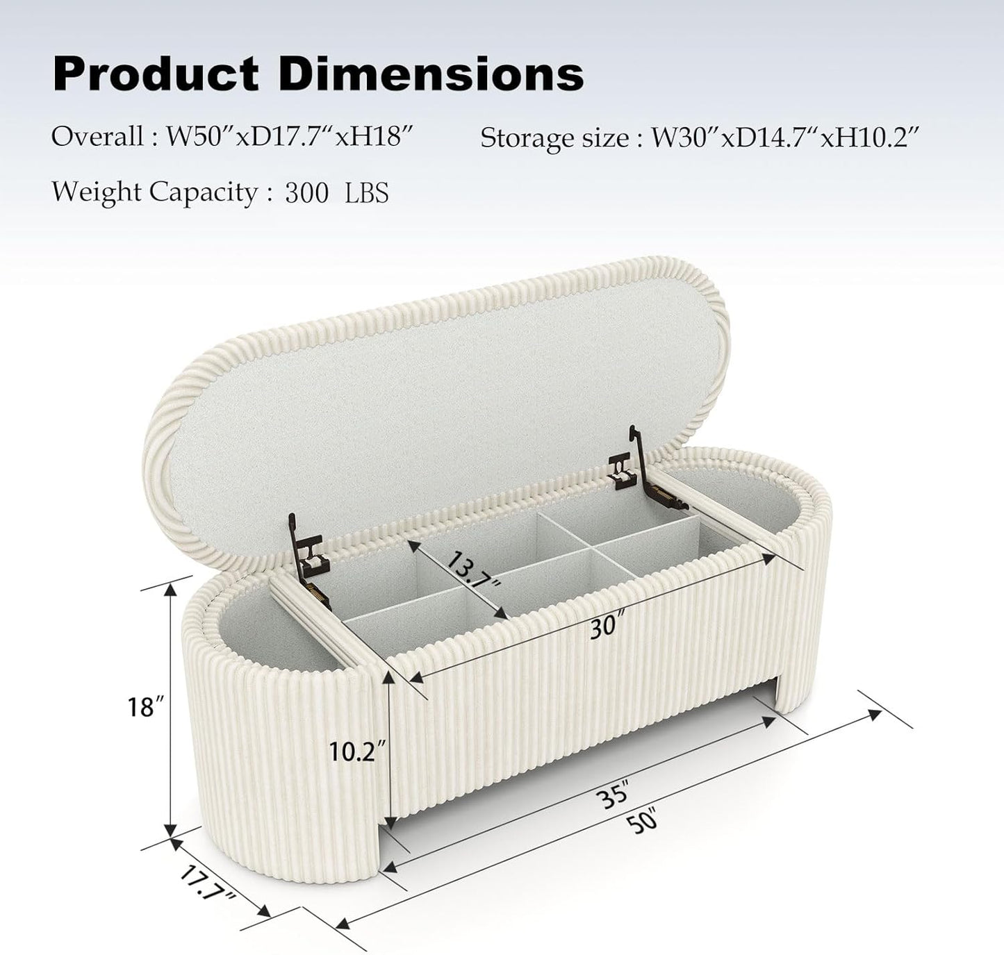 Storage Ottoman Bench Upholstered Corduroy End of Bed with Safety Hinge for Bedroom, Living Room, Entryway, Closet, Stool Modern Design Legs, No Installation Needed, White