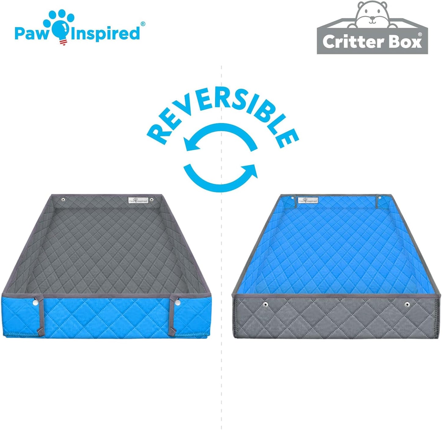 Paw Inspired Critter Box Washable Cage Liner, Reversible Fleece Bedding with Raised Sides for Guinea Pigs and Other Small Animals (C&C 2x4 (14" Grids), Gray/Blue)
