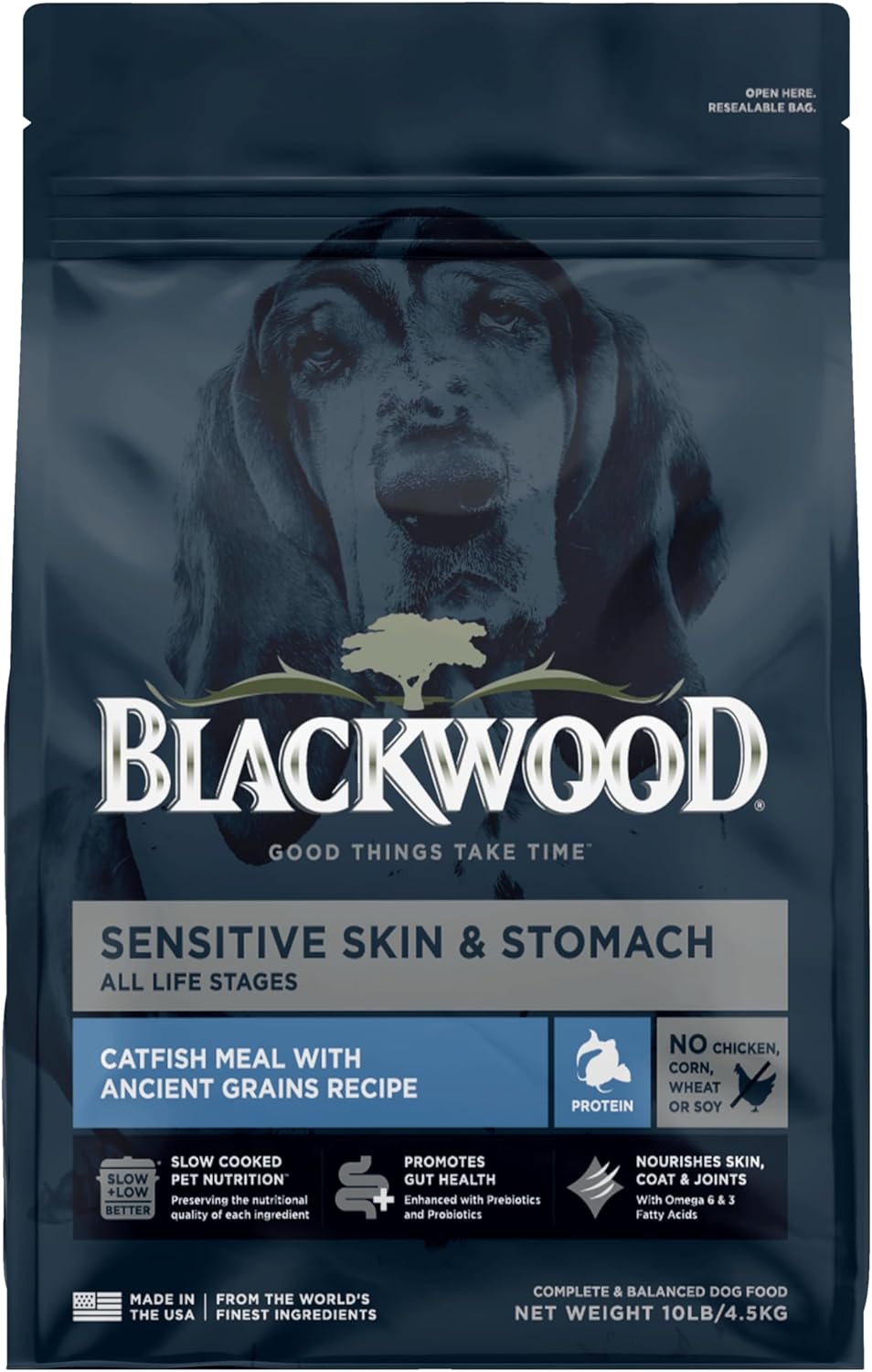 Blackwood Sensitive Skin & Stomach Dry Dog Food, Catfish Meal & Brown Rice with Ancient Grains, 10 Pound Bag with Prebiotics & Probiotics to Promote Gut Health